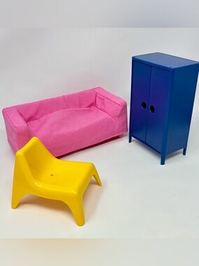IKEA HUSET Dollhouse Furniture For Barbie Doll Yellow Chair Bureau Pink Couch